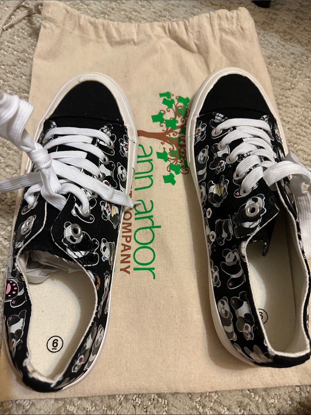 Kids Black Panda-Print Low-Top Sneakers with White Laces